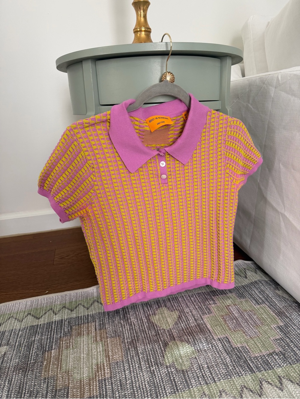 Women’s Pink and Yellow Knit Polo Sweater Top
